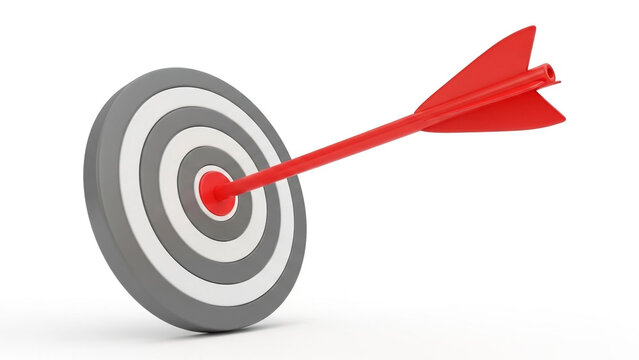 Red arrow hitting target in gray archery board with precise aim in sharp focus for business success