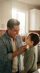 Obraz premium A father laughs while wiping food off his toddler son's face in a sunlit kitchen. This image captures a joyful parenting moment. Perfect for family and lifestyle blogs.
