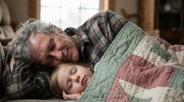 A father and his young daughter sleep peacefully together under a colorful patchwork quilt. This tender moment reflects active parenting and deep love. Perfect for family and lifestyle media.