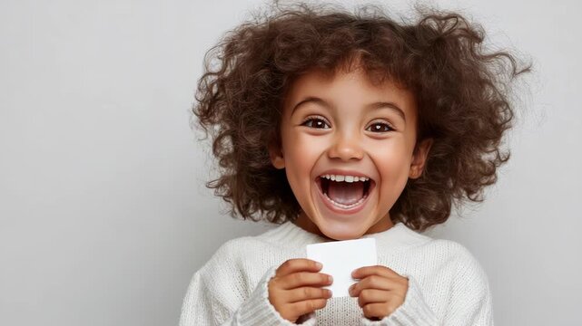 Excited african american girl celebrating a victory holding a blank card with a surprised expression and curly hair, isolated on a white background, concept of winning
