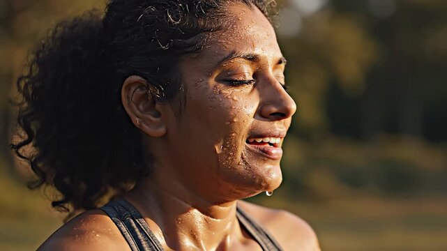 Woman with sweat on face outdoors