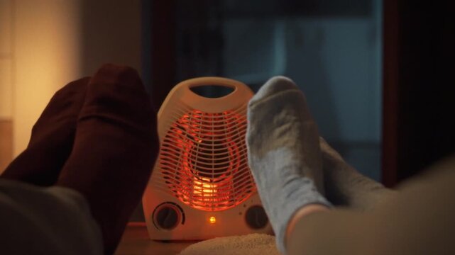 A cozy young couple in warm winter socks relaxes on the floor beside an infrared heater on a chilly winter evening, as the bright red glow of the thermostat-controlled device radiates comfort