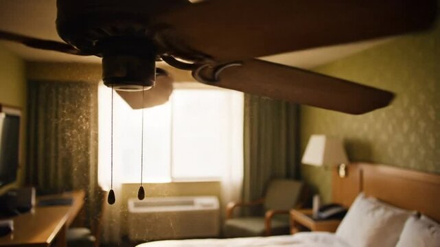 Dust motes swirl around a ceiling fan in a hotel room near a bright window