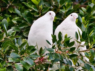 Doves observe calmly, Pair of white doves stand quietly on branch observing environment attentively © Vladimir