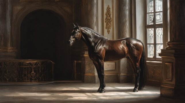 Elegant dark horse standing in sunlit vintage room.