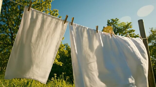 White linen sheets hanging on a clothesline outdoors on a bright sunny day, gently blowing in the wind