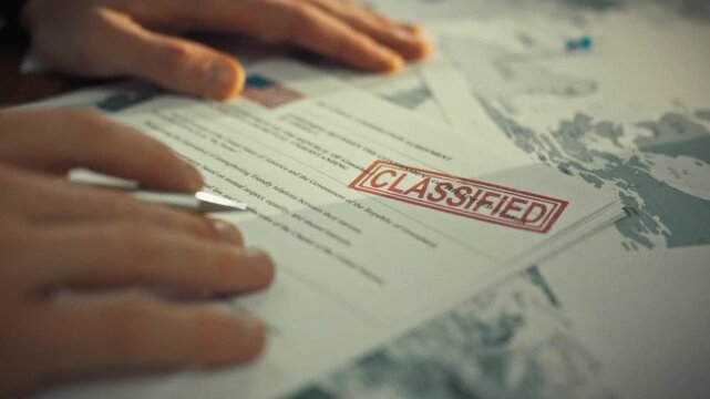 An authoritative government official's fingers delicately touch classified documents beside a world map, symbolizing the bureaucratic apparatus at work, within a formal office setting