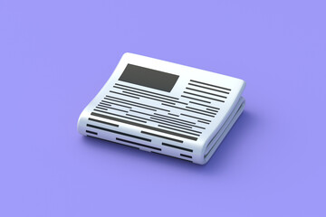 Newspaper on violet background. Important information. 3d render