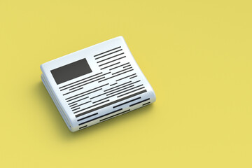One newspaper on yellow background. Important information. Copy space. 3d render