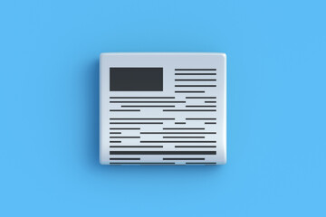 Newspaper on blue background. Important information. Top view. 3d render