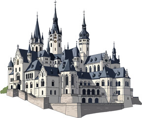 Obraz premium Schloss Drachenburg Neo Gothic Castle Vector Illustration, Romantic German Palace Architecture, Historic European Royal Residence, Rhine Valley Landmark, Detailed Flat Vector Design