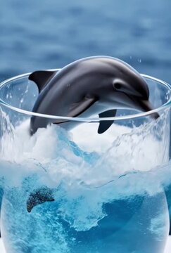The sea is storming in a glass. Dolphin in a glass. Concept Excitare fluctus in simpulo