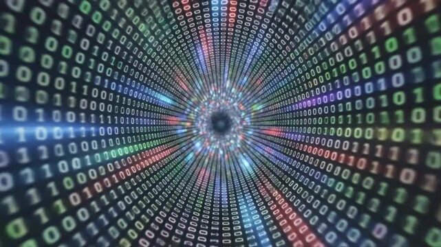 Abstract futuristic data tunnel with binary code digits glowing towards bright center with lens flares
