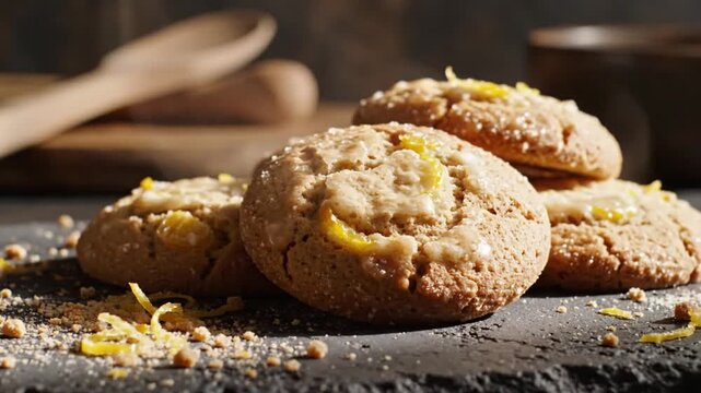Delicious homemade lemon cookies with glaze, zest, and crumbs arranged on a rustic slate surface