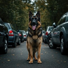 German Shepherd dog standing on a street with cars