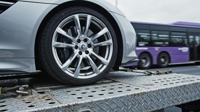 Car wheel on tow truck with bus in background