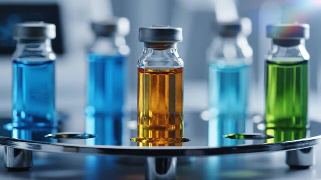 Close up view of colorful liquid vials in a laboratory setting, medical research and science concept.