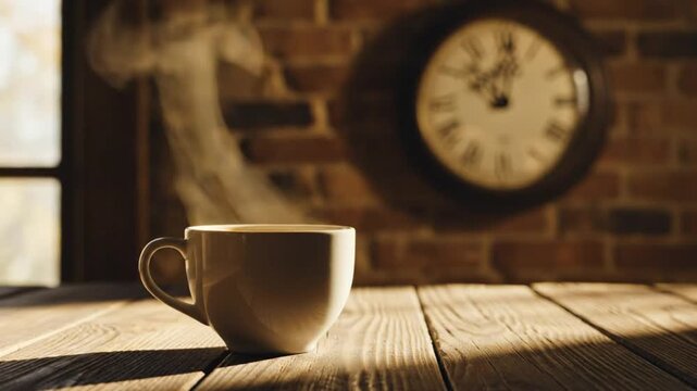 Morning coffee cup with steam on rustic wooden table with clock in background setting a relaxing mood