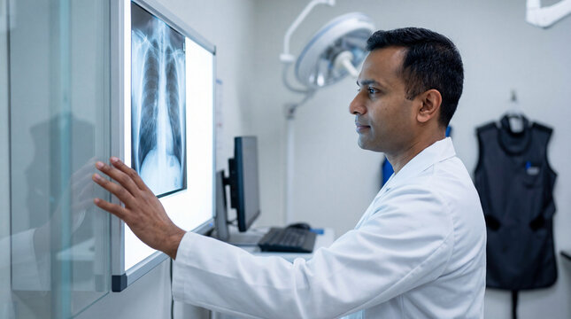Radiologist doctor examining patient chest x-ray with abnormal opacity in lungs area at medical clinic