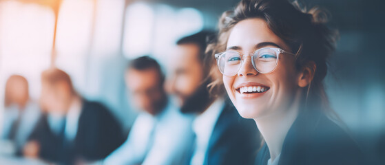 Cheerful business woman with glasses laughing in modern office with blurred professional team during meeting seminar