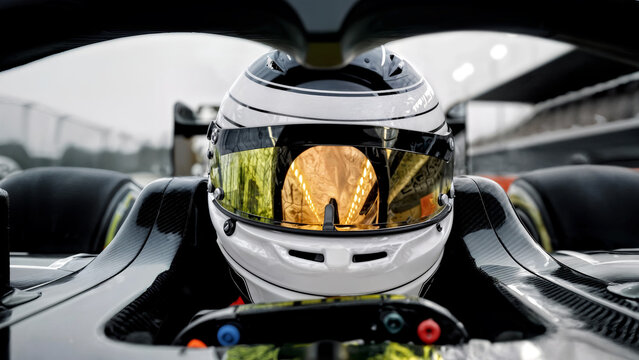 Close-Up Portrait of a Generic Formula Car Driver with Track Reflections on Helmet Visor