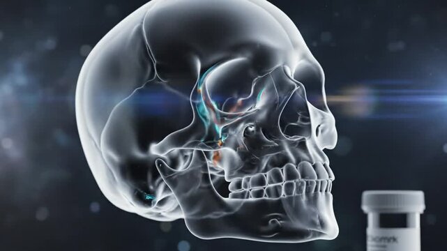 Anatomy visualization of a transparent skull highlighting eye sockets and nasal cavity against a dark background