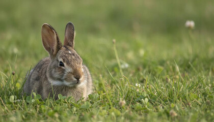 Fototapeta premium Brown rabbit in green grass with copy space