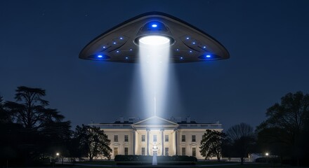 Ufo flying above white house at night with bright beam of light shining down on building