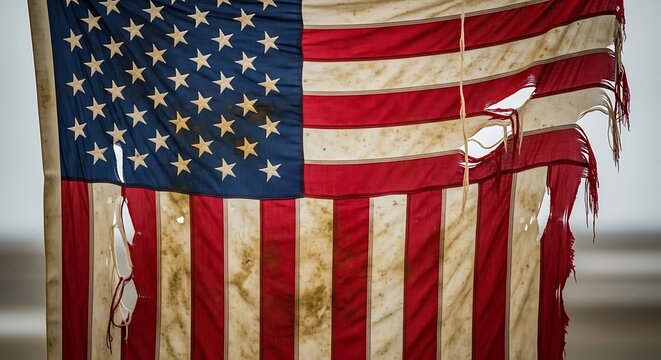 A tattered and worn American flag hangs with pride despite its damaged state.