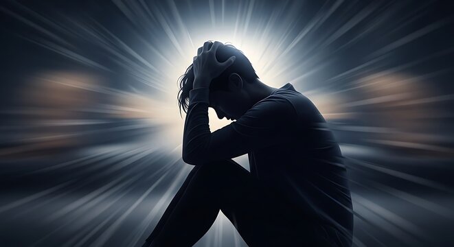 A person sits in darkness with their head in their hands, surrounded by a bright light.