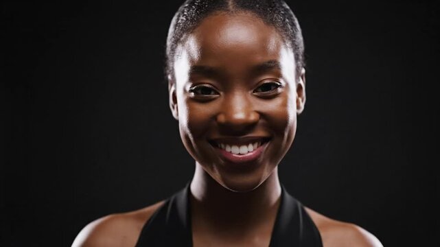 Beautiful young black woman smiling broadly at camera with natural radiant glow in studio