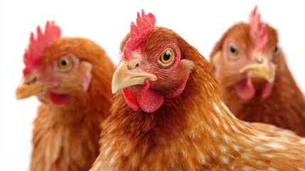 Fototapeta premium Close-up of three brown chickens with red combs and detailed feathers.