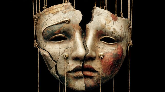 Cracked duality: aged marble maquette of two faces entwined with strings.