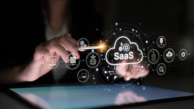 Visual representation of SaaS showing infrastructure, SaaS deployment, SaaS platform features, and SaaS integration model in digital environment. Spline