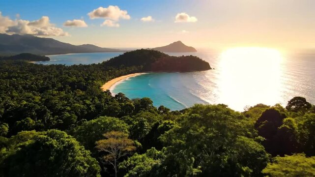 Breathtaking scenic view of a tropical paradise with a hidden beach, lush green trees, and the ocean during golden hour