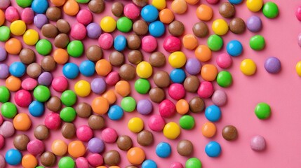 Obraz premium Colorful candy-coated chocolates scattered on pink background.