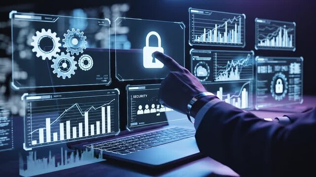 Person working on laptop with digital graphics