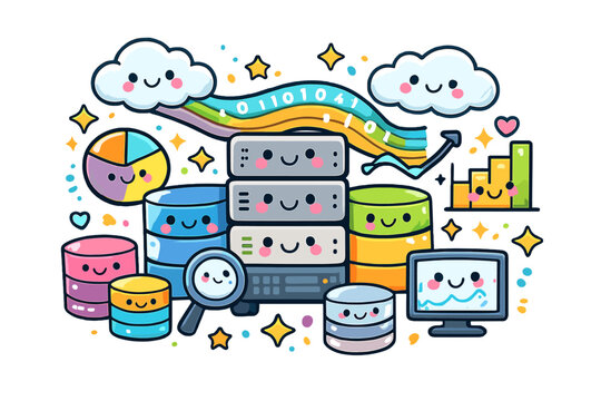Playful Data World. Cute doodle-style Big Data scene with smiling servers, friendly rounded shapes, happy data streams, charts,