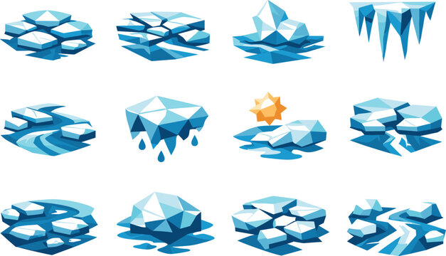 Low-Poly Ice Thaw Icons. Flowing ice and river thaw visualized as a low-poly vector icon set with sharp polygon edges, faceted