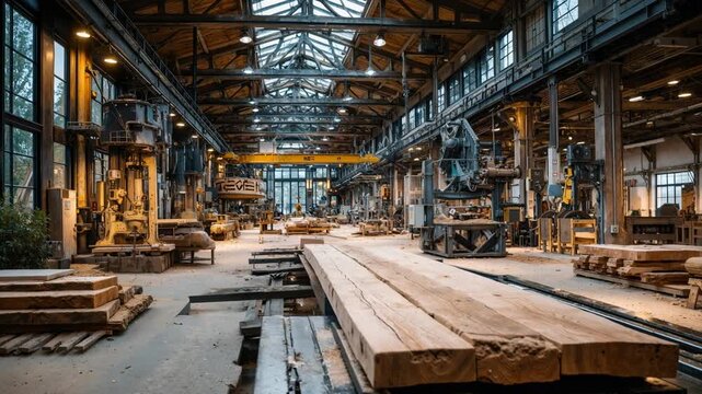 Interior of a large industrial sawmill factory with stacks of wood. Lumber manufacturing plant with heavy machinery. Woodworking industry warehouse