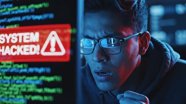 Man viewing system hacked alert on screen