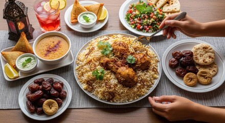 A table spread with chicken biryani samosas lentil soup salad dates dried figs and an iced drink with a hand serving from the main dish