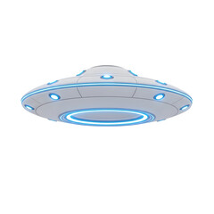Futuristic White UFO Flying Saucer with Blue Lights isolated on transparent or white background. PNG
