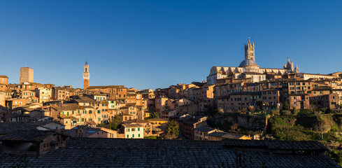 Naklejka premium Siena, Italy - March 27, 2019. Scenic view of old town of Siena in a sunset light