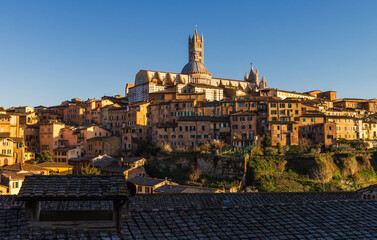 Naklejka premium Siena, Italy - March 27, 2019. Scenic view of old town of Siena in a sunset light