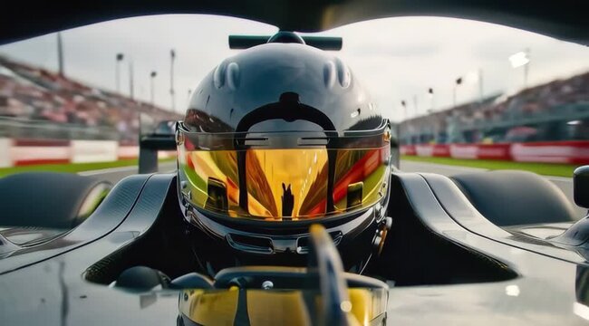 Close-Up of a Driver Inside a Generic Formula Car with Racetrack Reflected on Helmet Visor