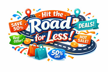 Naklejka premium Hit the Road for Less promotion with shopping bags and discount labels.