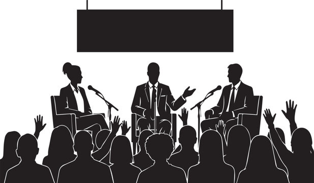 A silhouetted conference panel discussion features three speakers addressing a large audience with raised hands high quality professional detailed modern elegant