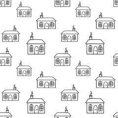 Fototapeta premium Seamless pattern with cozy mountain cabins and winter resorts
