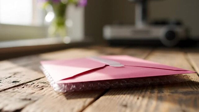 Close-up of a pink padded envelope with sealed closure resting on a rustic wooden surface in a well lit room